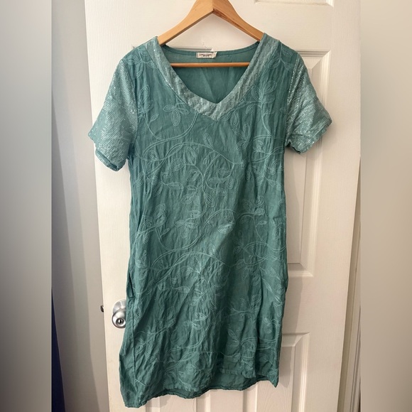 Lungo L’arno purolino made in Italy linen teal dress size small embroidered - Picture 1 of 10